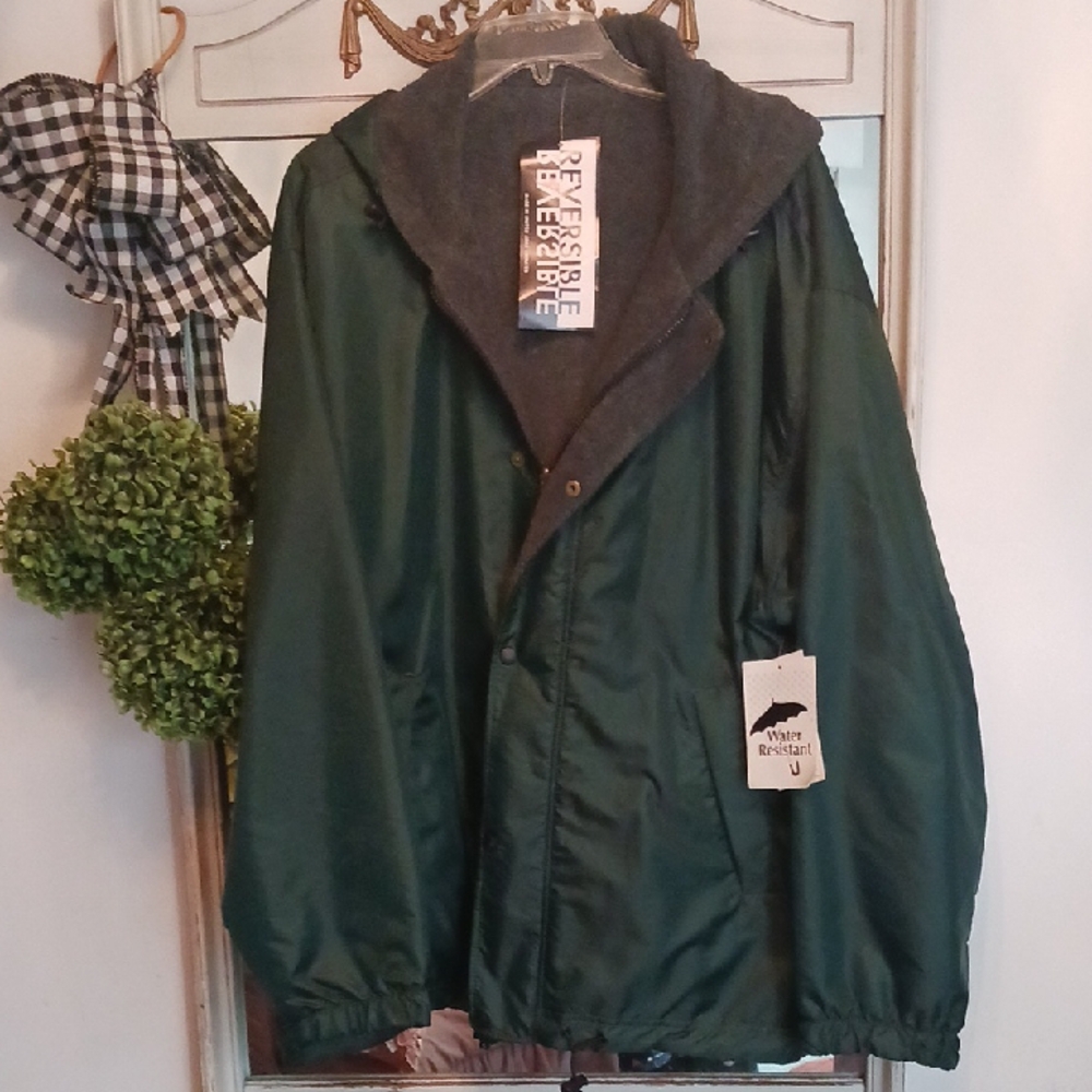 New! Men's Reversible Water Resistant Jacket Attached Hood  Forest Green  XL